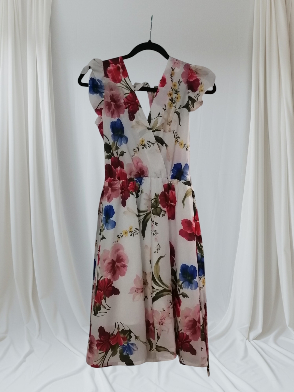 Rinascimento White Midi Dress with Pink & Blue Floral Motif